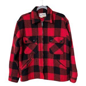 Vintage 100% Wool Buffalo Plaid Jacket Red Black King-O-Sports Size M